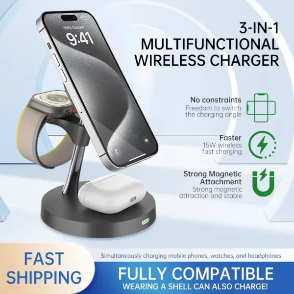 Magnetic Desk Wireless Charger Stand, Fast Charger Travel Dock for IPhone 16 15 14 13 12 Pro Max & Airpods 3 2 1 & Iwatch 7 8 9