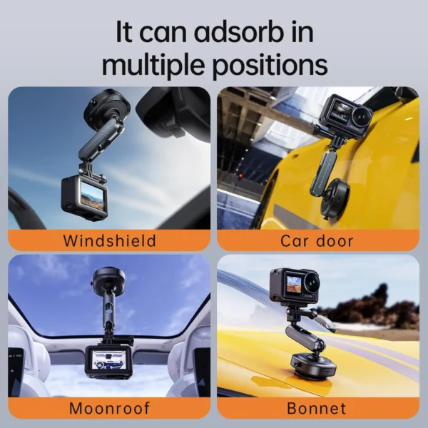 Electric Suction Cup Camera Mount with 360° Ball Head Magic Arm, Three-Prong Claw Compatible with Various Sporting Cameras