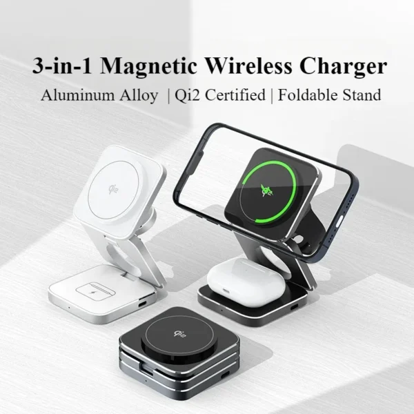 Qi2 Aluminum Alloy 3-in-1 Magnetic Wireless Charger, Foldable Stand for iPhone 16, 15, 14 Pro Max, AirPods, iWatch Fast Charger