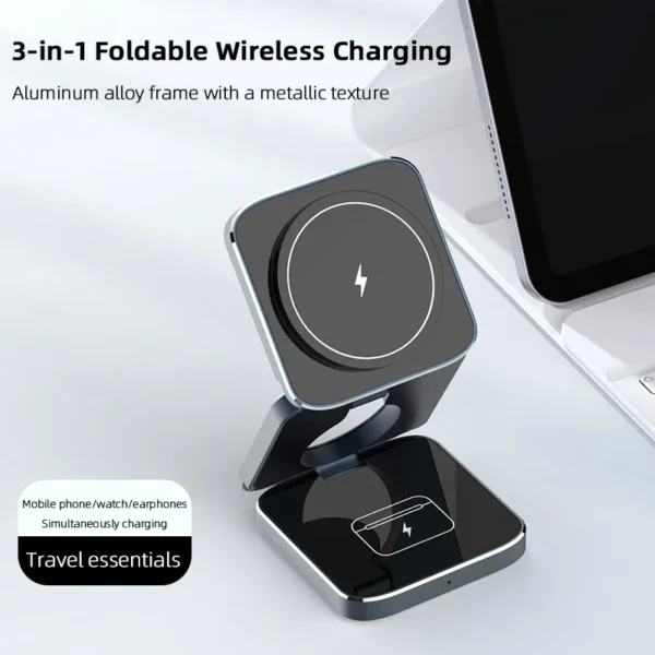 Qi2 Aluminum Alloy 3-in-1 Magnetic Wireless Charger, Foldable Stand for iPhone 16, 15, 14 Pro Max, AirPods, iWatch Fast Charger