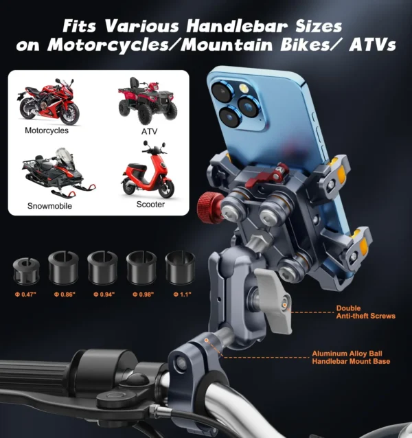 Aluminum Motorcycle Phone Mount Holder with Vibration Dampener & High-Speed Secure Lock for 6"-7.2" Phone