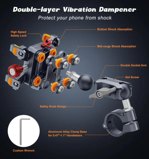 Aluminum Motorcycle Phone Mount Holder with Vibration Dampener & High-Speed Secure Lock for 6"-7.2" Phone